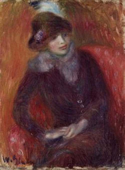 William Glackens — Seated Woman with Fur Neckpiece and Red Background