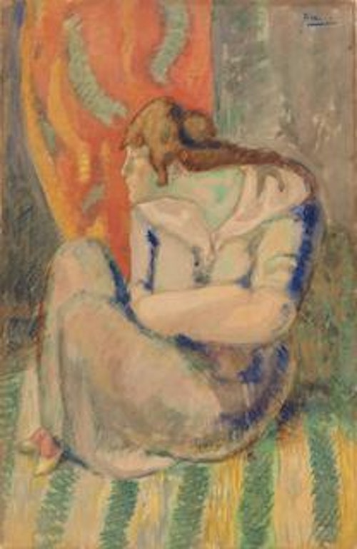 Woman Seated on Striped Floor