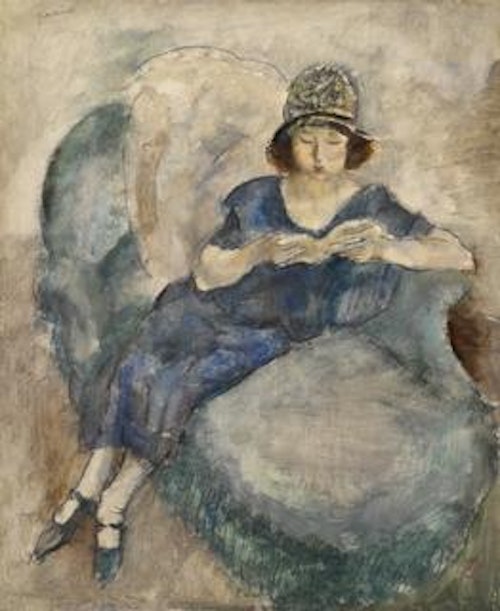 Girl in Blue Dress on Sofa, Reading (Jeune fille à la robe bleue lisant sur un divan)