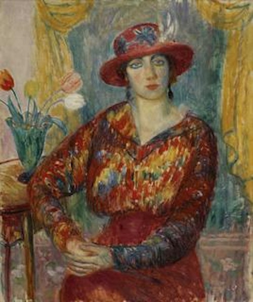 Woman in Red Blouse with Tulips