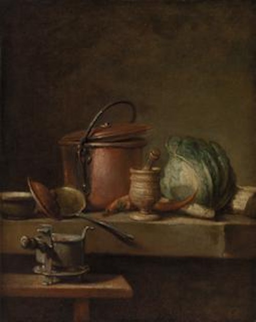 Still Life with Copper Pot, Cabbage, Pestle, and Stove (Table de cuisine avec marmite de cuivre, chou, égrugeoir et réchaud)