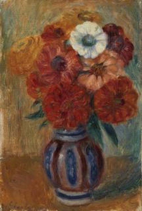 Zinnias in a Striped Blue Vase