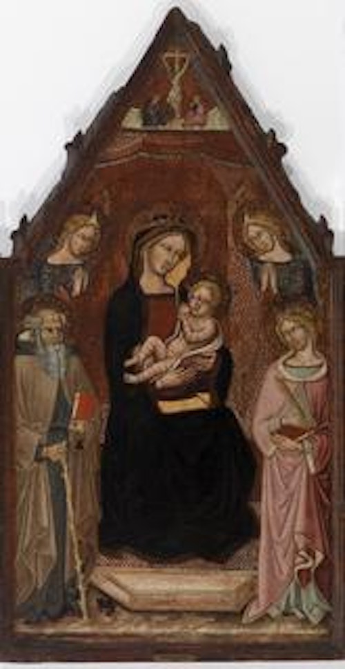 Madonna and Child with Two Angels and Saints Anthony Abbot and Catherine of Alexandria and the Crucifixion