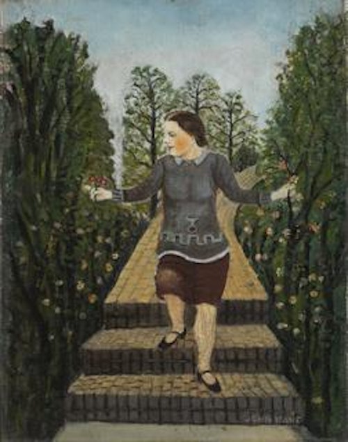 Girl Coming Down Garden Steps