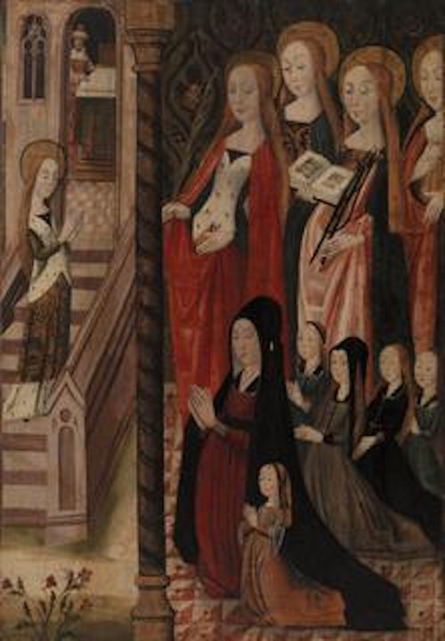 Mary Going to the Temple, Four Female Saints, and a Female Donor and her Daughters
