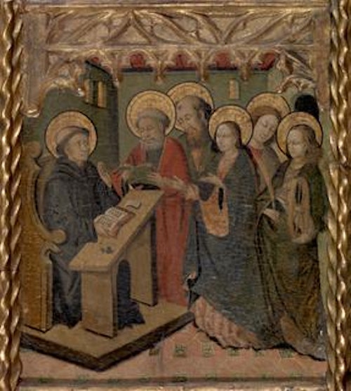 The Virgin Mary and Saints Peter, Paul, John the Evangelist, and Katherine of Alexandria Appearing to Saint Martin, from the high altar retable of the Church of St. Martin in Riglos, Spain