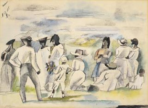 Group of Figures with Boy Holding Flowers