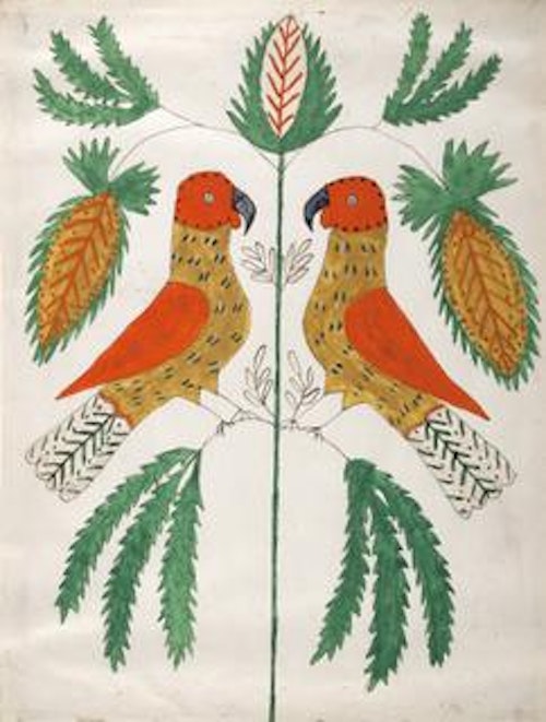 Two Red and Yellow Parrots Facing Each Other (Green Leaves)