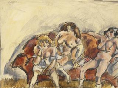 Three Women on a Red Sofa