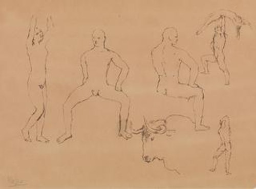 Six Acrobats and Head of Bull