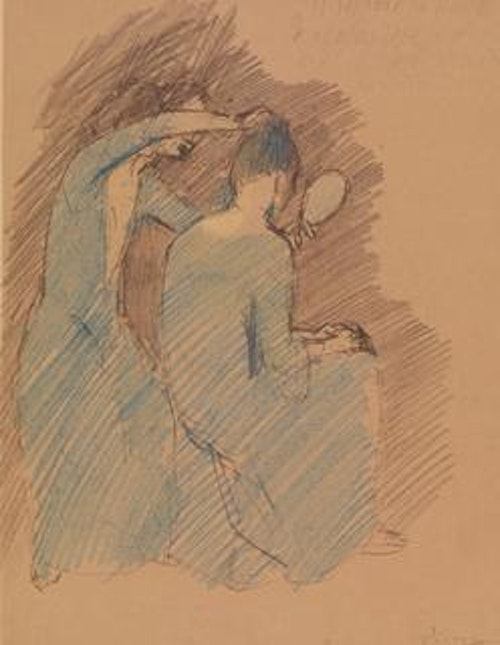 Two Women in Blue Fixing Hair