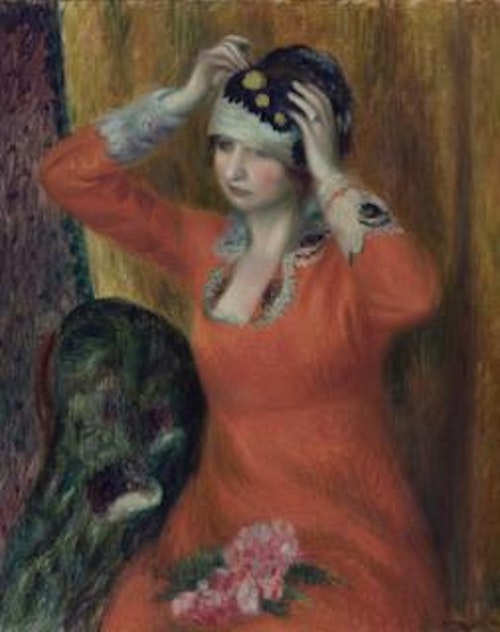 Girl in Red Dress Pinning on Hat
